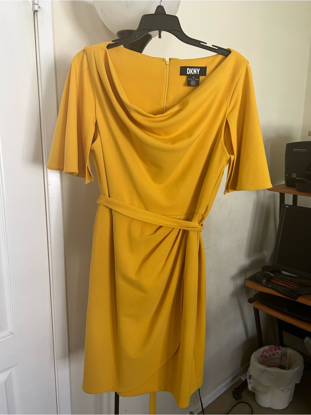 DKNY Mustard Draped Cowl Belted Midi Dress